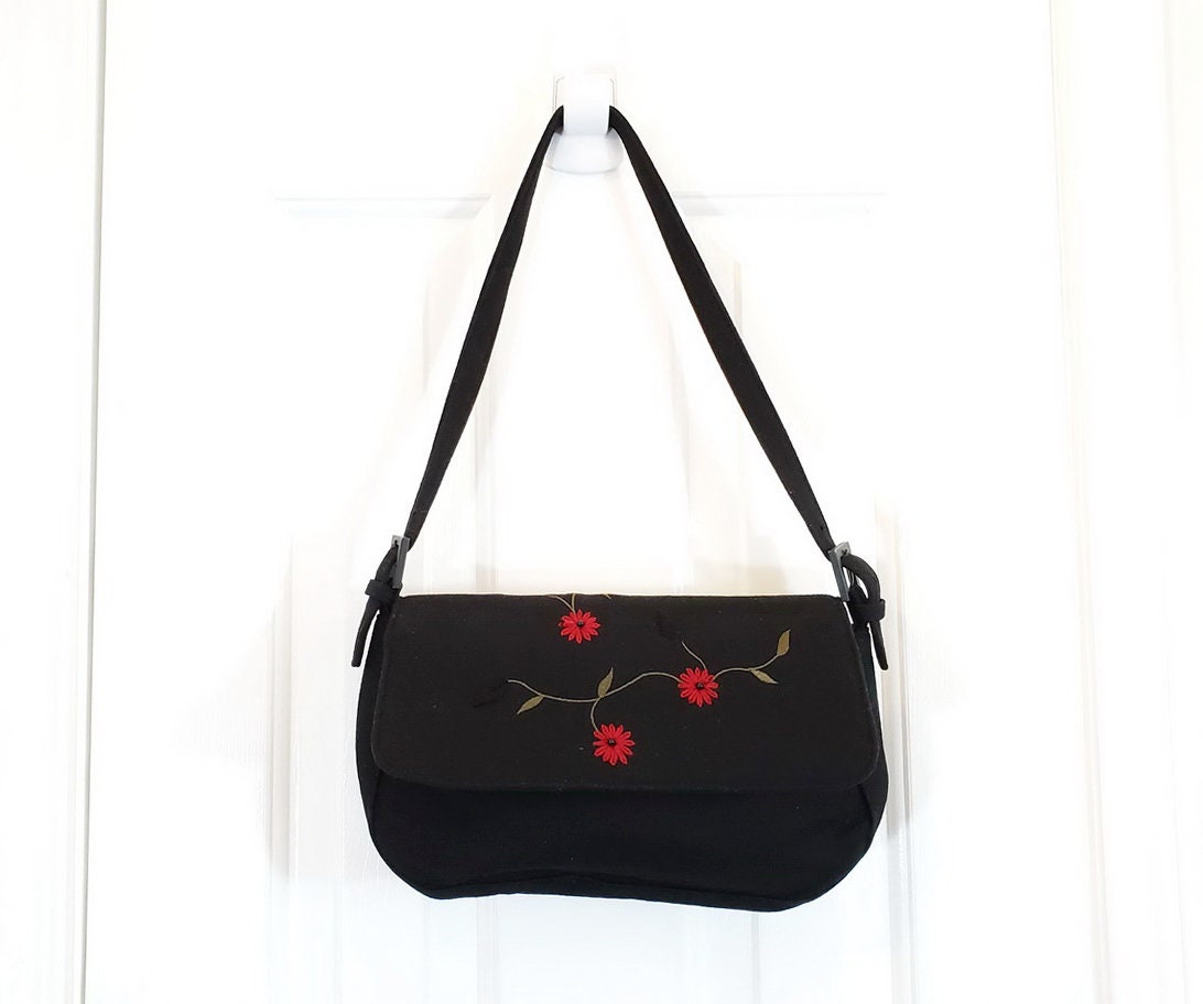 90s Purse Black Red Floral Embroidered Handbag Wool Blend | Etsy Australia
