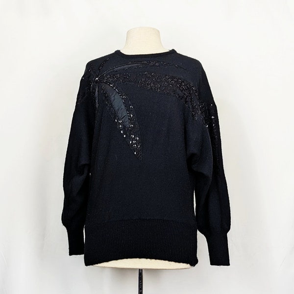 Vintage 80s Sweater Black Sequined Embellished Dolman Sleeve Misses Size M