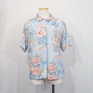Vintage 90s Blouse Light Blue Floral Print Top Shirt Misses Size S