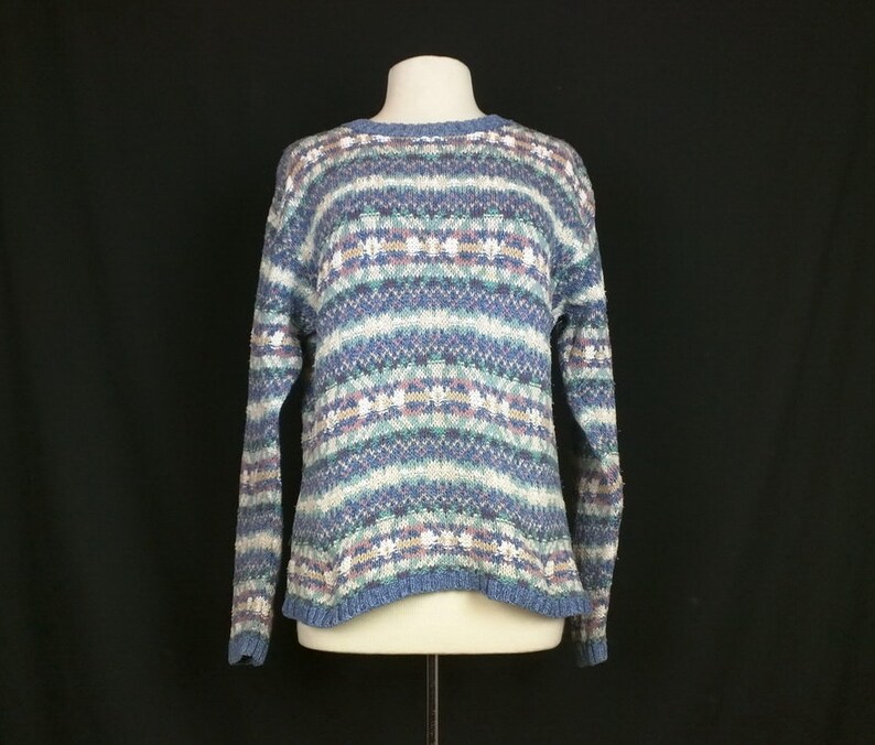 Vintage Sweater Blue Pink White Fair Isle Print Cotton Oversize Women/'s M 80s LL Bean