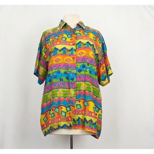 Vintage 90s Blouse Oscar de la Renta Colorful Stripe Silk Abstract Misses Size M
