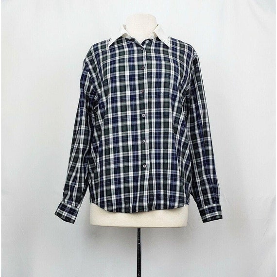 80s Blouse Blue Green Plaid Eyelet Collar Misses … - image 1