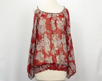 Vintage Y2K Top Orange Gray Sheer Floral Print Cold Shoulder Misses Size S