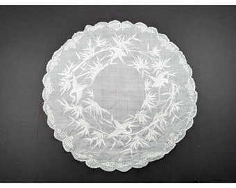 Vintage Doily White Cranes Birds Leaves Sheer Round Scalloped Edges