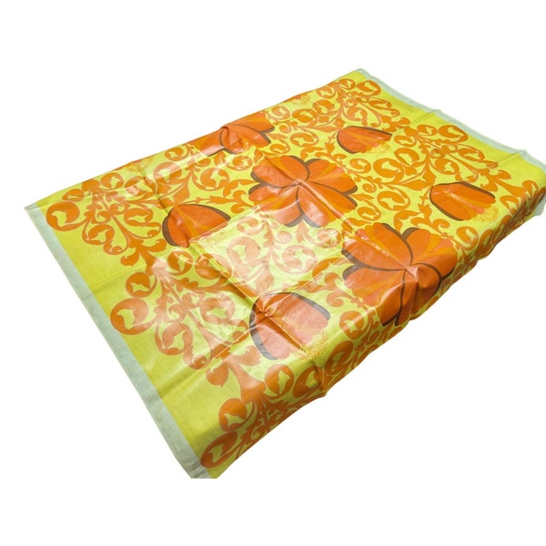 Nappe vintage vinyle orange jaune imprimé floral rectangulaire