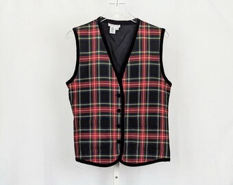 90s Vest Black Plaid Velour Trim Sleeveless Misses Size S Talbots Vintage