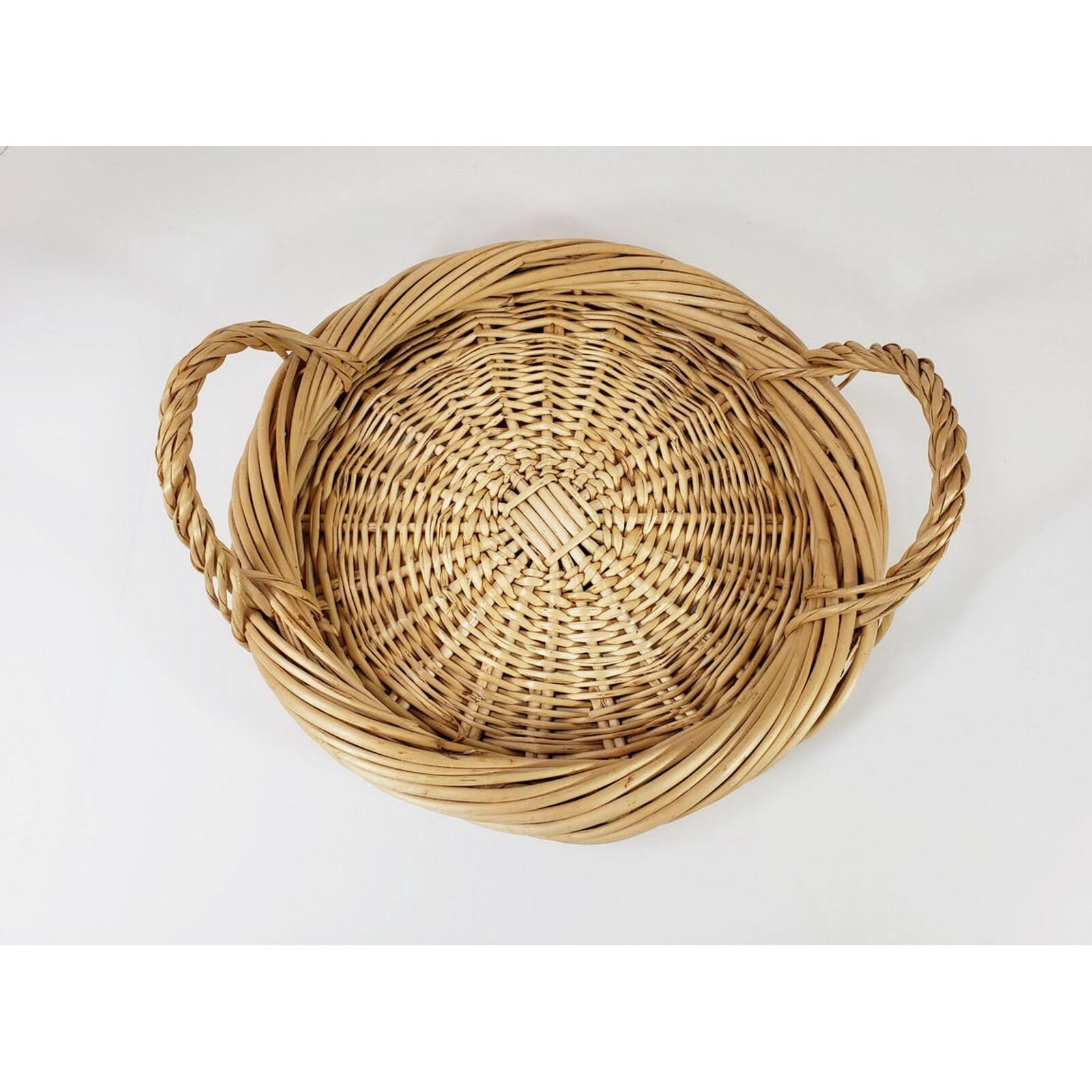 Vintage Tan Round Basket with Handles Shallow Low Wicker Etsy