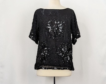 Vintage 80s Top Black Sequin Floral Pattern Silk Misses Size M Rina Z