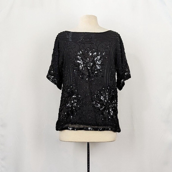 Vintage 80s Top Black Sequin Floral Pattern Silk Misses Size M Rina Z