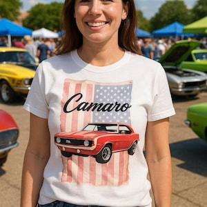 Classic Camaro SS T-Shirt – Vintage Muscle Car Graphic Tee, Full Color Print on White Cotton, Unisex Sizes S-2XL