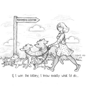 Lottery Win 8x6 Mounted Open Edition Art Print | Pencil Sketch Illustration Style | Cartoon | Whimsical Children's Book Style | Rescue Dog