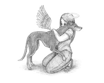 My Guardian Angel 8x6 Mounted Open Edition Art Print | Pencil Illustration Style | Cartoon | Whimsical Children's Book Style
