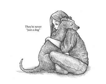Just A Dog 8x6 Mounted Open Edition Art Print  | Pencil Sketch Illustration Style | Cartoon | Whimsical Children's Book Style | Lurcher Dog