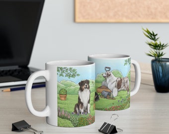 US VERSION | Garden Australian Shepherd Dog Ceramic Mug | 11oz 0.33l | Dishwasher & Microwave Safe | Sent from USA | Aussie Dog