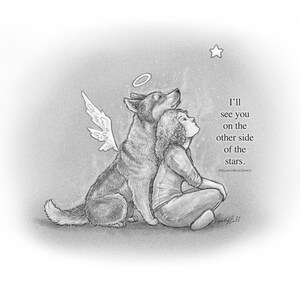 The Other Side of the Stars 6 x 8-inch Art Print Dog Hug | Pencil Illustration Style | Cartoon | Husky | Dog