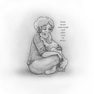 Some Hearts 6 x 8-inch Art Print Dog Hug | Pencil Illustration Style | Cartoon | Whimsical Children's Book Style | Spaniel