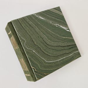 May include: A pair of hardback books with a marbled green and white design. The spine is a solid green with gold-colored stitching and a small embossed design. The covers have a flowing, organic pattern.
