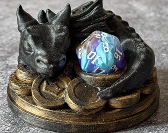 Baby Dragon D20 Dice Holder | Cute Dragon Sleeping on Gold Coins Figurine | Hand Painted Small DnD Gift | Fantasy Tabletop RPG Accessory