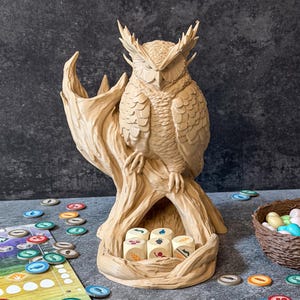 Owl dice tower front view with colorful Wingspan food tokens and dice inside