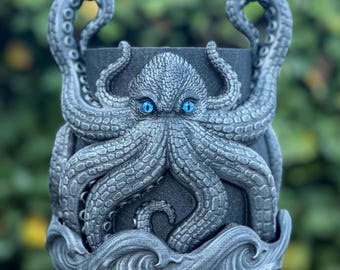 Kraken Flower Pot (Planter) + Ocean Waves Plant Saucer | Octopus Tentacles Plant Accessory | Nautical Home Decor | Mothers Day Gift