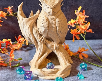 Light Brown Owl Dice Tower | Detailed Owl Sitting On Tree Fantasy Decor | Druid DnD Accessory | Tabletop RPG Bird Statue | DnD Gift Idea