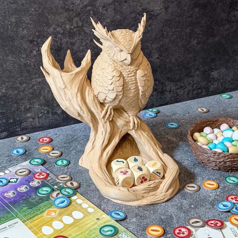Owl dice tower compatible with Wingspan board game holding bird feeder tokens and dice