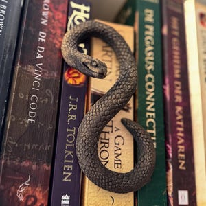 Könnte beinhalten: Ein detaillierter, dunkelgrauer, schlangenförmiger Buchstütze liegt an einem Stapel Bücher. Die Buchstütze hat ein strukturiertes, schuppiges Aussehen und befindet sich zwischen den Büchern. Die Bücher tragen Titel wie "A Game of Thrones" und "The Da Vinci Code".
