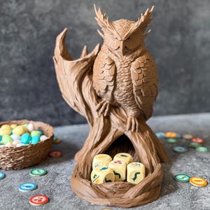 Wingspan owl dice tower in chocolate brown version, board game gift
