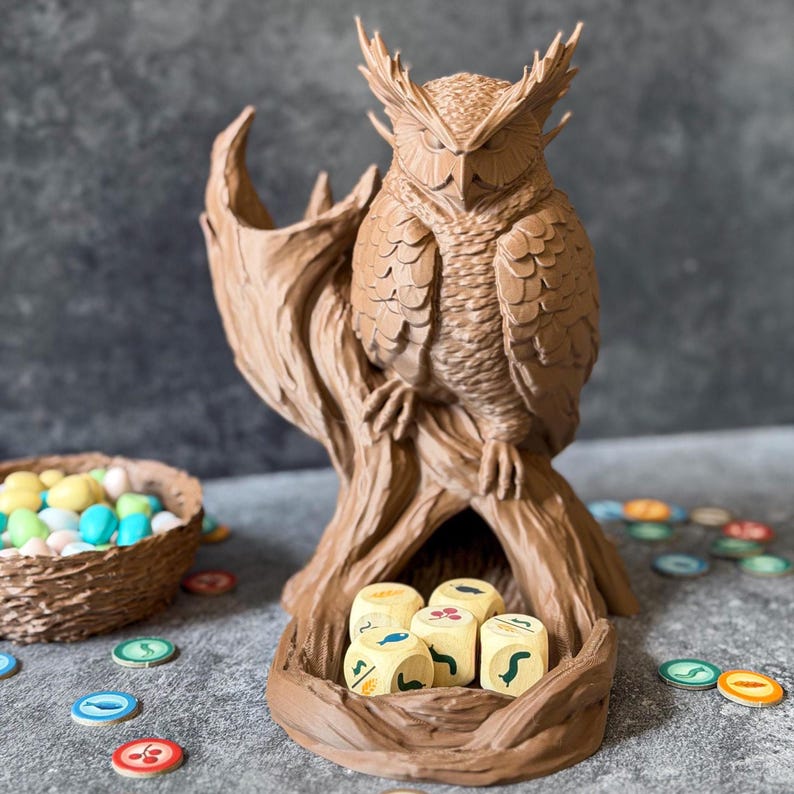Wingspan owl dice tower in chocolate brown version, board game gift