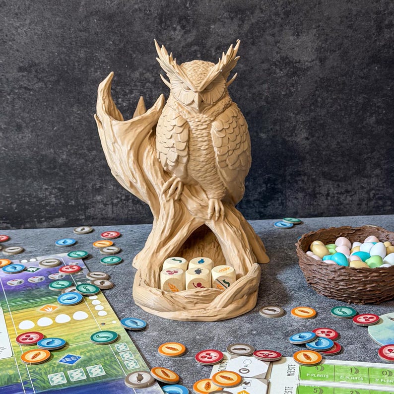 Owl dice tower front view with colorful Wingspan food tokens and dice inside