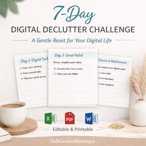 Puede incluir: Una guía de desafío de limpieza digital con el texto "7-Day DIGITAL DECLUTTER CHALLENGE" y "A Gentle Reset for Your Digital Life." La guía incluye tareas diarias, iconos de tipo de archivo, una taza de café y está etiquetada como "Editable & Printable."