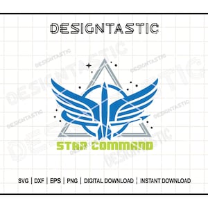 Op de afbeelding: Een blauw en grijs logo met een ster en vleugels. De tekst "STAR COMMAND" staat onder het logo.