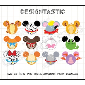 May include: A set of 12 colorful cartoon character head silhouettes. The characters include a Dalmatian, a lion, a fox, a chameleon, a mouse, a pig, a dog, a bird, a dragon, and a cat. The characters are all wearing different colored hats and have different expressions on their faces.