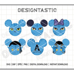 May include: A digital download graphic featuring six blue character designs with mouse ears, inspired by the movie Avatar. Each character has unique facial features and details. The word "AVATAR" is printed on one of the characters. The word "DESIGNTASTIC" is at the top.