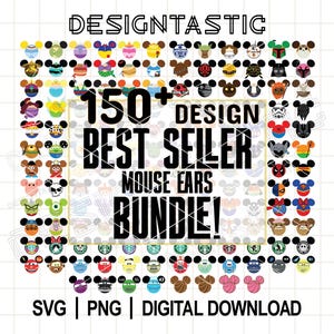 May include: A digital design bundle featuring over 150 mouse ear designs. The image showcases a variety of colorful mouse ear illustrations, including character-themed and patterned designs. Text includes "DESIGNTASTIC", "BEST SELLER", and "DIGITAL DOWNLOAD".