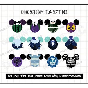 May include: A set of 12 Disney Haunted Mansion character SVG cut files. The characters include the Ghost Host, Constance Hatchaway, Madame Leota, and more. The files are perfect for creating custom shirts, mugs, and other crafts.