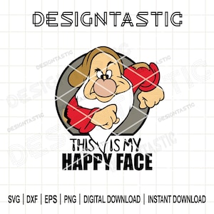 May include: A digital graphic featuring a cartoon character with a white beard, red sleeves, and a tan face, set within a gray circle. The text "THIS IS MY HAPPY FACE" is below the character. The word "DESIGNTASTIC" is at the top.
