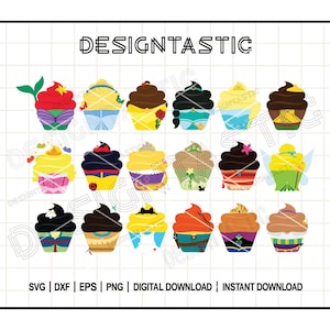 Paquete de cupcakes de princesa SVG, refrigerio, cumpleaños SVG, todas las princesas SVG, cupcake SVG, clipart de cupcakes, archivo de corte SVG para Cricut