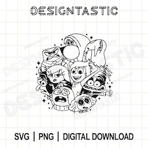 May include: Black and white digital download graphic featuring characters from the animated movie Inside Out. The word "DESIGNTASTIC" is at the top, with "SVG | PNG | DIGITAL DOWNLOAD" at the bottom. The characters are arranged in a circular design.