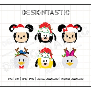 Paquete de Tsum Tsum navideños en formato SVG / Gorros navideños / Luces navideñas en formato SVG, Orejas de ratón navideñas, Gorro de Papá Noel en formato SVG, Archivo de corte para Cricut y Silhouette