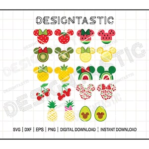May include: A collection of colorful fruit-themed designs, including strawberries, watermelon, kiwi, lemon, pineapple, cherries, and avocados, each styled with mouse ears and bows. The designs are available for digital download.