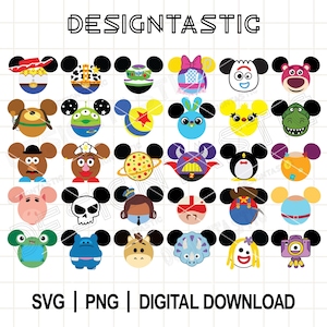 May include: A digital collection of thirty circular character icons featuring mouse-ear silhouettes. The icons display various colourful cartoon faces and patterns. The text DESIGNTASTIC appears at the top, and SVG | PNG | DIGITAL DOWNLOAD is at the bottom.