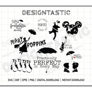 Mary Poppins Svg-bundel, praktisch perfect in elk opzicht, dansende pinguïns, Mary Poppins en Bert-silhouet, stickers stickers DIY Cricut