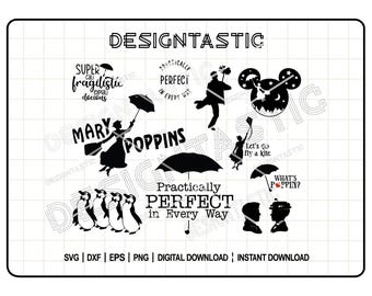 Mary Poppins Svg Bundle, Praktiskt taget Perfekt På Alla Sätt, Dansande Pingviner, Mary Poppins och Bert Silhuett, Dekaler Klistermärken DIY Cricut