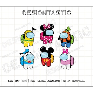 Può includere: Sei diversi personaggi di Among Us a tema Disney. I personaggi sono gialli, rossi, blu, rosa, verdi e bianchi. Ogni personaggio ha un cappello e un vestito di un diverso personaggio Disney. I personaggi sono tutti in una formazione a griglia.
