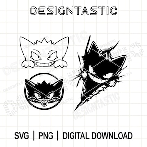 Könnte beinhalten: Schwarz-weißer digitaler Download mit drei stilisierten Illustrationen eines Cartoon-Charakters mit einem verschmitzten Grinsen. Der Text oben lautet "DESIGNTASTIC", und der Text unten lautet "SVG | PNG | DIGITALER DOWNLOAD".