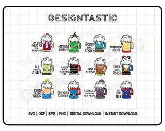 Puede incluir: Un conjunto de 12 diseños digitales que presentan jarras de cerveza con varios personajes de Disney y refranes humorísticos. Las jarras son de diferentes colores y presentan personajes como Bella, el Príncipe Eric y Cenicienta.