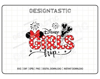 Könnte beinhalten: Ein digitales Design mit dem Text "Disney Girls Trip" in roten Buchstaben mit weißen Punkten, mit Minnie Mouse Ohren und Schleife. Enthält Feuerwerk und Mickey Mouse Ballon Grafiken. Digitaler Download.