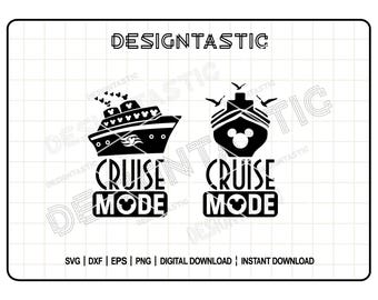 May include: Black and white digital download design featuring two cruise ship silhouettes with Mickey Mouse ears and the text "Cruise Mode".