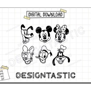 Può includere: Illustrazioni in bianco e nero di Topolino, Minnie Mouse, Paperino, Pippo, Pluto e Paperina. Le illustrazioni sono in uno stile di cartone animato semplice. Il testo "DIGITAL DOWNLOAD" è nella parte superiore dell'immagine. Il testo "DESIGNTASTIC" è nella parte inferiore dell'immagine. Il testo "svg png eps dxf" è in una casella nella parte inferiore sinistra dell'immagine.